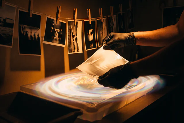 Gloved hands lift a wet print from an iridescent developing tray under amber light.