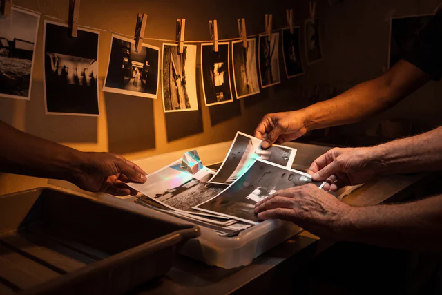 Several pairs of hands arrange freshly developed prints together at a darkroom table.
